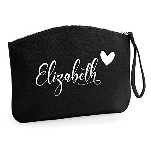 Personalisiert Name Initialen Kosmetiktasche Damen Schminktasche Handtasche Zubehör Taschen - Schwarz - L (28 x 22 cm) - Weißer Name und Herz von TULLUN