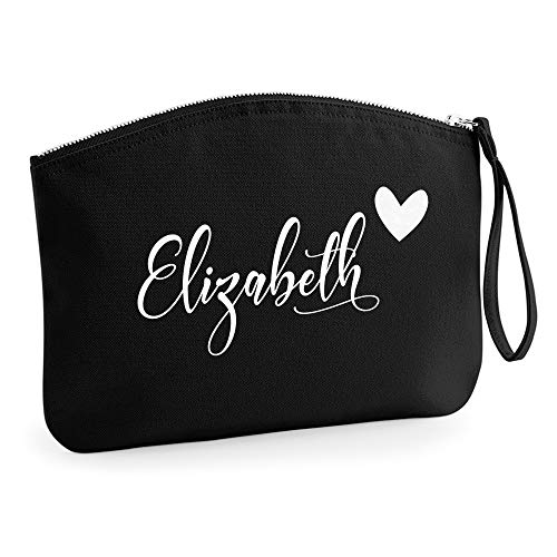 Personalisiert Name Initialen Kosmetiktasche Damen Schminktasche Handtasche Zubehör Taschen - Schwarz - S (19 x 17 cm) - Name und Herz Weißen Flocke von TULLUN