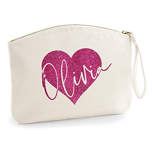 Personalisiert Name Kosmetiktasche Damen Schminktasche Handtasche Zubehör Taschen - Glitzer oder Flocke Material Druck - |L| Natürlich - Rosa Glitzer von TULLUN