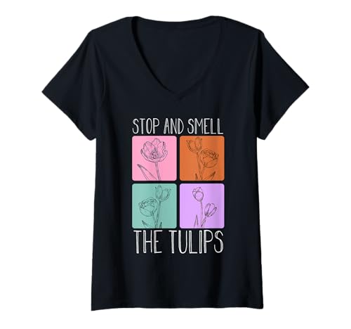 Damen Gärtner STOP AND SMELL THE TULIPS Lustiges Tulpen T-Shirt mit V-Ausschnitt von Tulpen Geschenk Tulpe Shirt Gärtner Tulpe Frühling
