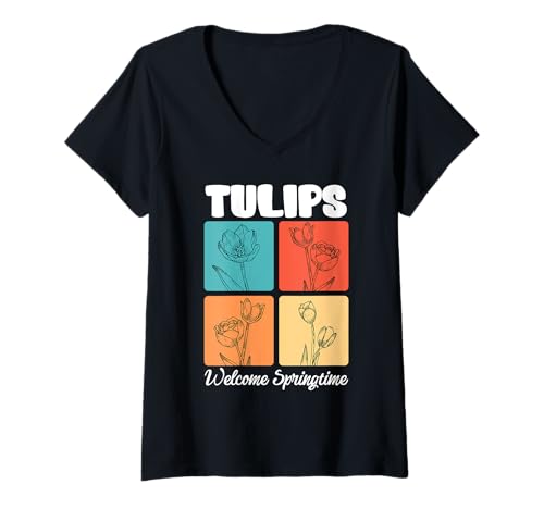 Damen Gärtner TULIPS WELCOME SPRINGTIME Lustiges Tulpen T-Shirt mit V-Ausschnitt von Tulpen Geschenk Tulpe Shirt Gärtner Tulpe Frühling