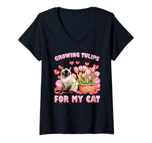Damen Gärtnerin GROWING TULIPS FOR MY CAT Lustiges Tulpen T-Shirt mit V-Ausschnitt von Tulpen Geschenk Tulpe Shirt Gärtner Tulpe Frühling