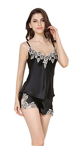 Damen Reiner Seide Schlafanzug Pajama Sets Ohne Arm Nachthemd Schwarz L von Tulpen