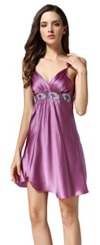 Damen Reiner Seide Schlafanzug Spitze V-Ausschnitt Reizwaesche Geschenk Violett XS von Tulpen