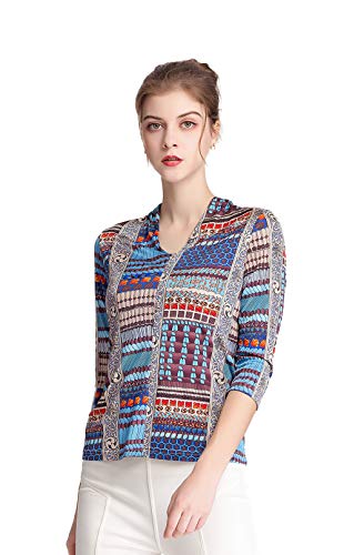 Damen Seide Printed Bluse Langarm T-Shirt Blau 3XL von Tulpen