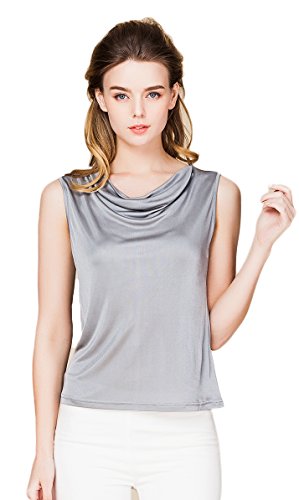 Frauen Reiner Seide Tops Aermellos T-Shirt Cowl Neck Vest Silbergrau M von Tulpen