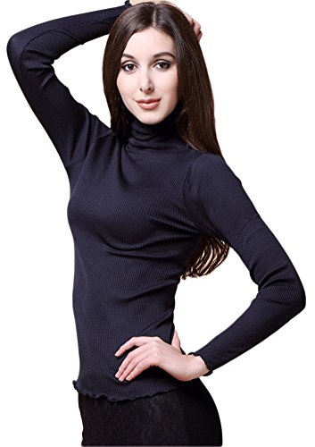 Frauen T-Shirt Stehkragen Casual Knit Fabric Shirt Walk Outside Navyblau von Tulpen