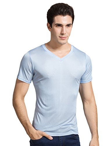 Herren Reiner Seide Tops Kurzarm Tank V-Ausschnitt T-Shirt Hellblau M von Tulpen