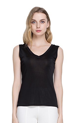 Maechen Reiner Seide Tops Aermellos T-Shirt V-Ausschnitt Vest Schwarz M von Tulpen