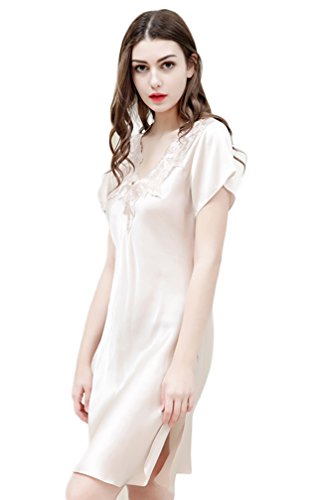 Maulbeerseide Nachtwaesche Schlafkleid Spitze V-Ausschnitt Beige M von Tulpen