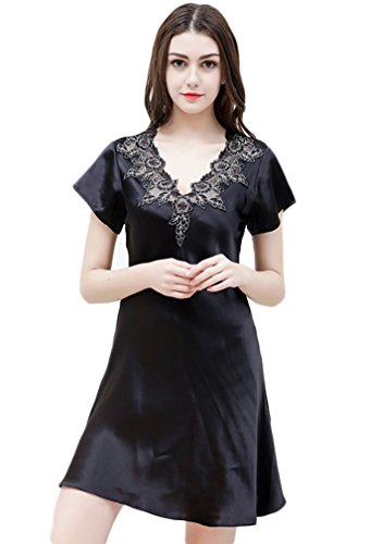 Maulbeerseide Nachtwaesche Schlafkleid Spitze V-Ausschnitt Schwarz M von Tulpen