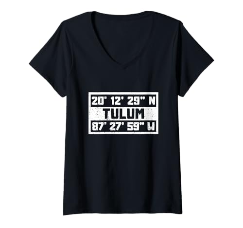 Damen Tulum Koordinaten Design Urlaub Reise Mexiko T-Shirt mit V-Ausschnitt von Tulum Mexiko Urlaub Bekleidung & Geschenkidee