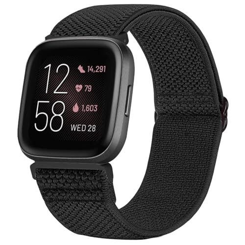 TumCez Armband Kompatibel mit Fitbit Versa 2/Fitbit Versa/Fitbit Versa Lite/Fitbit Versa SE Armband, Verstellbares Elastisches Armband Nylon Ersatzarmband Sport für Damen Herren, Schwarz , Elegant von TumCez