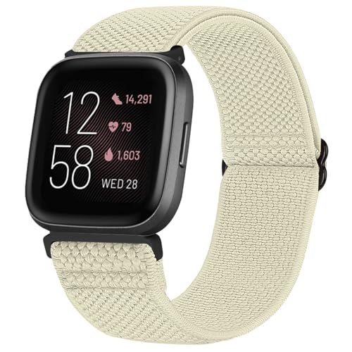 TumCez Armband Kompatibel mit Fitbit Versa 2/Fitbit Versa/Fitbit Versa Lite/Fitbit Versa SE Armband, Verstellbares Elastisches Armband Nylon Ersatzarmband Sport für Damen Herren, beige, Elegant von TumCez