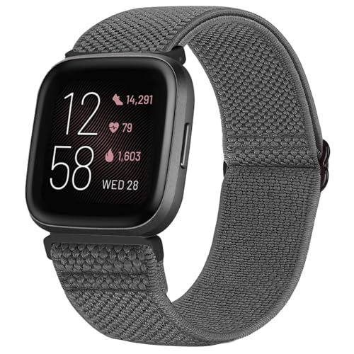 TumCez Armband Kompatibel mit Fitbit Versa 2/Fitbit Versa/Fitbit Versa Lite/Fitbit Versa SE Armband, Verstellbares Elastisches Armband Nylon Ersatzarmband Sport für Damen Herren, grau, Elegant von TumCez