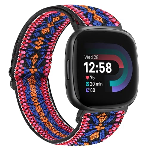 TumCez Armband Kompatibel mit Fitbit Versa 4/Fitbit Versa 3/Fitbit Sense 2/Fitbit Sense Armband, Verstellbares Elastisches Armband Nylon Ersatzarmband Sport Ersatzarmband für Damen Herren, Bohème-Rot, von TumCez