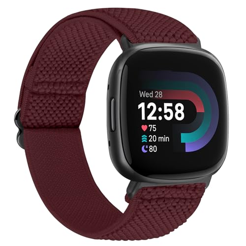 TumCez Armband Kompatibel mit Fitbit Versa 4/Fitbit Versa 3/Fitbit Sense 2/Fitbit Sense Armband, Verstellbares Elastisches Armband Nylon Ersatzarmband Sport Ersatzarmband für Damen Herren, Weinrot von TumCez