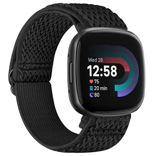 TumCez Armband Kompatibel mit Fitbit Versa 4/Fitbit Versa 3/Fitbit Sense 2/Fitbit Sense Armband, Verstellbares Elastisches Armband Nylon Ersatzarmband Sport Ersatzarmband für Damen Herren, Schwarz von TumCez