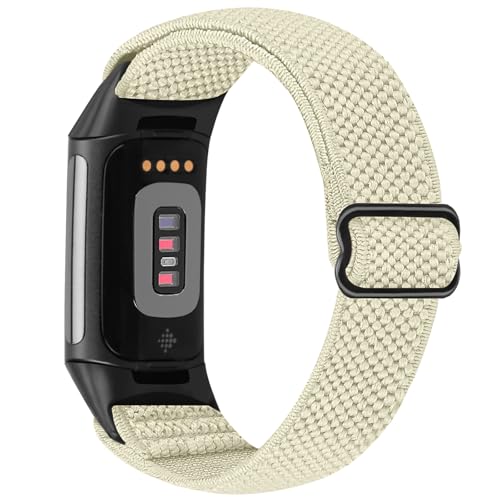 TumCez Armband kompatibel mit Fitbit Charge 6 Armband/Fitbit Charge 5 Armband, verstellbares elastisches Armband aus Nylon Sportarmband für Fitbit Charge 6/Charge 5 Damen Herren, beige, sportlich von TumCez