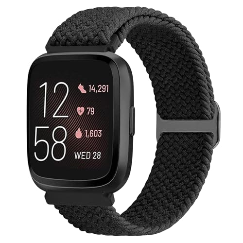 TumCez Geflochtenes Armband kompatibel mit Fitbit Versa 2/Fitbit Versa/Fitbit Versa Lite/Fitbit Versa SE Armband, verstellbare elastische Armbänder Nylon Sport Ersatzarmband für Damen Herren, Schwarz von TumCez