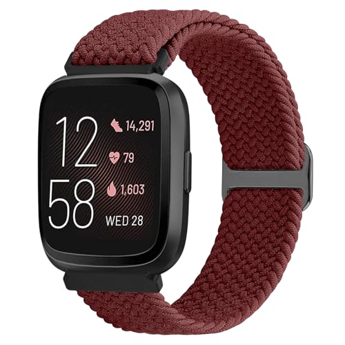 TumCez Geflochtenes Armband kompatibel mit Fitbit Versa 2/Fitbit Versa/Fitbit Versa Lite/Fitbit Versa SE Armband, verstellbare elastische Armbänder Nylon Sport Ersatzarmband für Damen Herren, Rotwein von TumCez