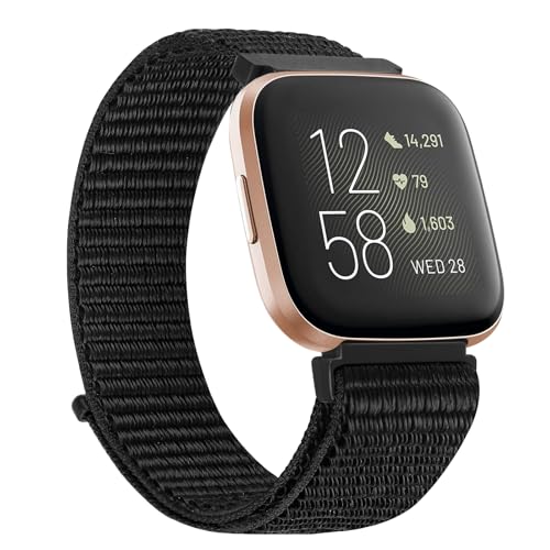 TumCez Nylon Armband Kompatibel mit Fitbit Versa 2/Fitbit Versa/Fitbit Versa Lite/Fitbit Versa SE Verstellbares Ersatz-Sportarmband für Damen Herren, Schwarz , sportlich von TumCez