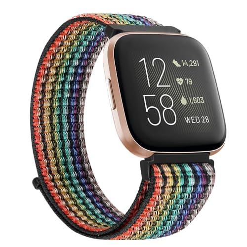 TumCez Nylon Armband Kompatibel mit Fitbit Versa 2/Fitbit Versa/Fitbit Versa Lite/Fitbit Versa SE Verstellbares Ersatz-Sportarmband für Damen Herren, Schwarzer Regenbogen, Casual von TumCez