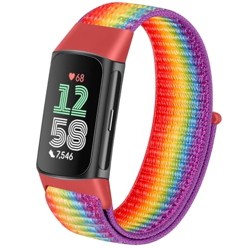 TumCez Nylon-Armband kompatibel mit Fitbit Charge 6 / Fitbit Charge 5 Armband für Damen und Herren, Offizieller Regenbogen, Klassisch von TumCez