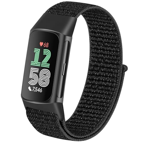 TumCez Nylon-Armband kompatibel mit Fitbit Charge 6 / Fitbit Charge 5 Armband für Damen und Herren, Schwarz reflektierend, Modern von TumCez