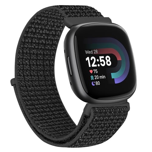 TumCez Nylonarmband Kompatibel mit Fitbit Versa 4/Fitbit Versa 3/Fitbit Sense 2/Fitbit Sense Verstellbarer Ersatzsportarmband für Damen Herren, Schwarz reflektierend, sportlich von TumCez
