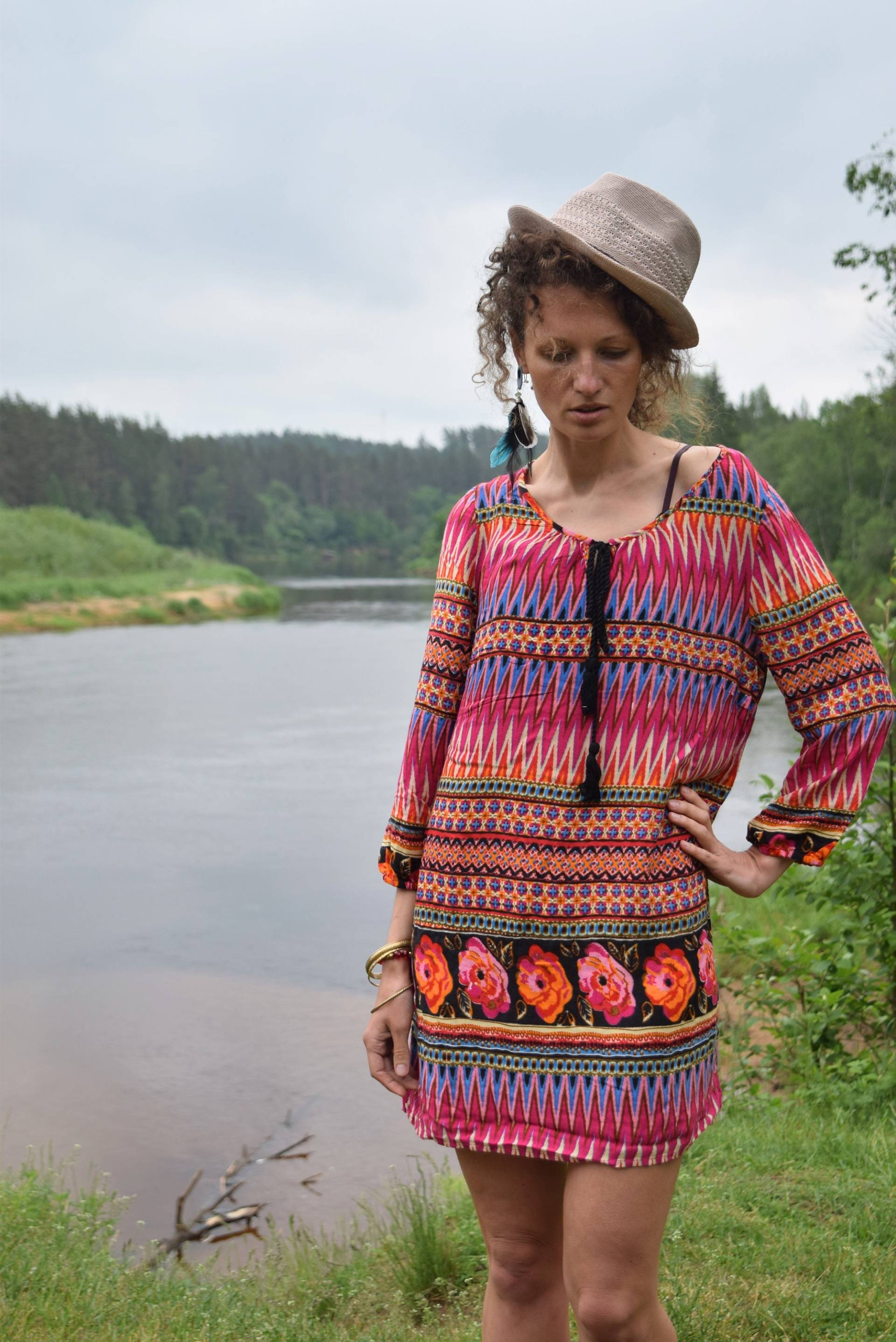 Geblümtes Viskose Tunika Kleid - Boho 60Er Jahre Retro Kaftan, Medium von TumbleweedsATTiTUDE