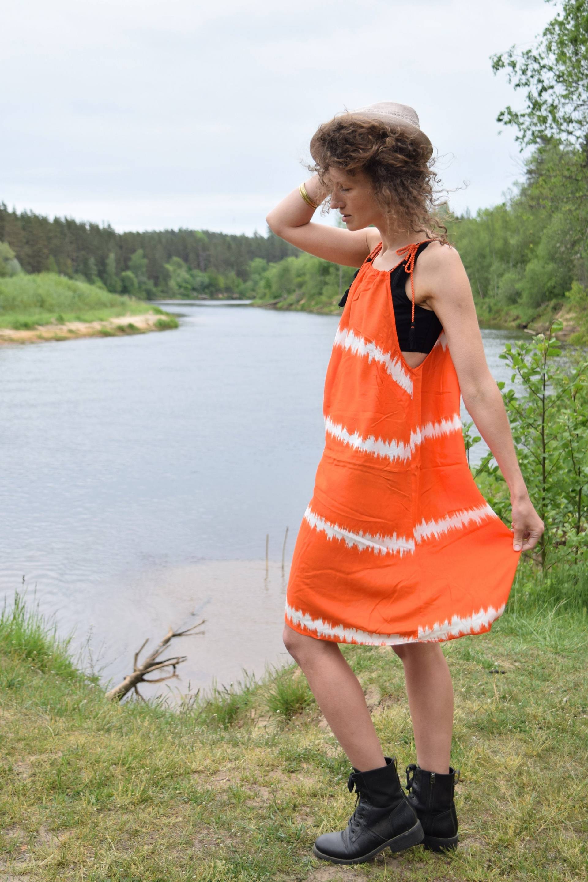 Oranges Tunika Kleid - Hippie Strandkleid Midi Sommerkleid Ärmelloses Color Block Vintage Top Gestreiftes One Size von TumbleweedsATTiTUDE