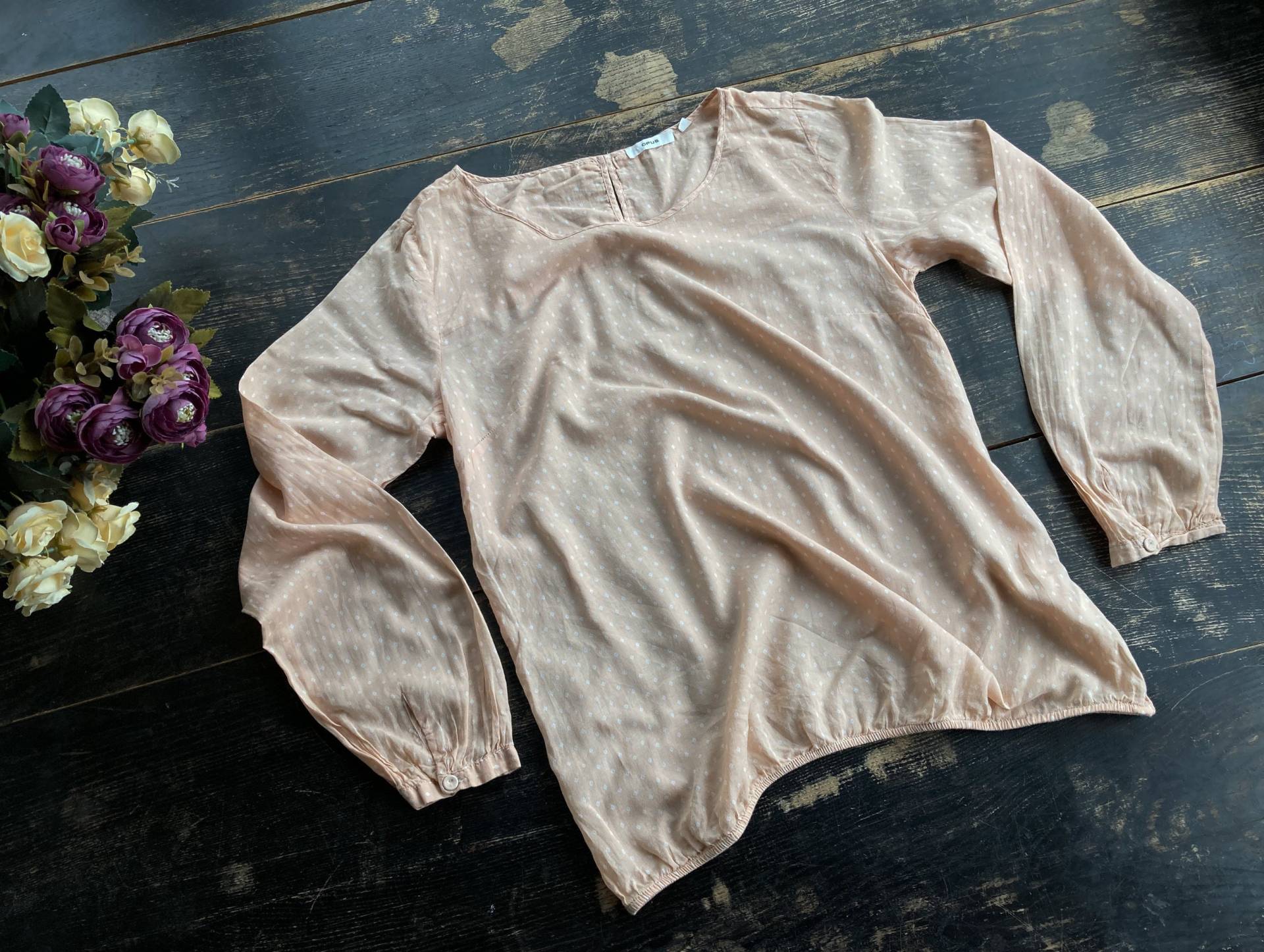 Transparente Gepunktete Champagnerfarbene Bluse - 70Er Jahre Boho Sommer Langarmshirt Damen Mittlere Größe von TumbleweedsATTiTUDE