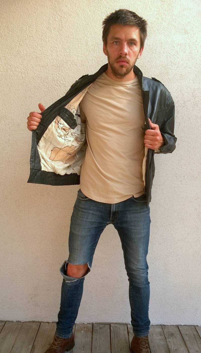 Vintage 90S Leder Bomberjacke, Grau Mit Landkartefutter | L/M von TumbleweedsATTiTUDE