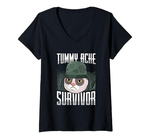 Damen Tierliebhaber lustige Katze Meme Spruch Bauchschmerzen Survivor T-Shirt mit V-Ausschnitt von Tummy Ache Survivor Funny Cat Saying Gift