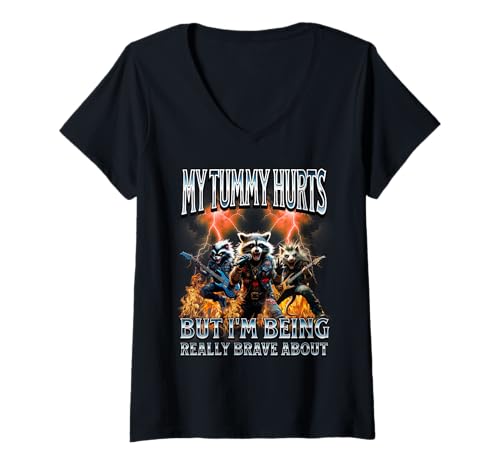 Damen Mein Bauch TUT WEH, Aber ich Bin wirklich mutig. Lustig T-Shirt mit V-Ausschnitt Damen Mein Bauch TUT WEH, Aber ich Bin wirklich mutig. Lustig T-Shirt mit V-Ausschnitt von Tummy Meme IBS Raccoon Bootleg Cringe Humor Joke