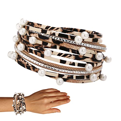 Tumotsit Lederarmband, mehrschichtig, mit 2-reihiger Umwicklung, Schmuck mit Kristallsteinen, Leopardenmuster, Boho, mit Magnetverschluss von Tumotsit