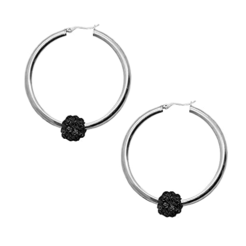 Tumundo® Shamballa Klapp-Creolen Ohrringe Ohr-Hänger Ohrstecker Damen Glitzer Glänzend Golden Silbern Strass Edelstahl, Farbe:silber - Shamballa schwarz von Tumundo