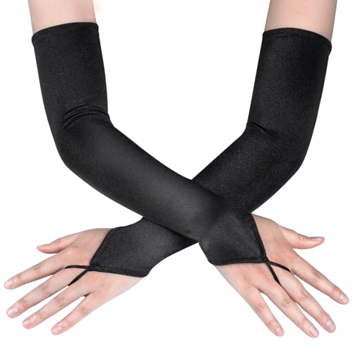 Tumurup Damen Fingerlose Handschuhe Schwarz, Satin Handschuhe Lang im 1920er Style Gloves Design, 1 Paar Classic Abendhandschuhe Seidenhandschuhe für Oper, Maskerade, Cosplay-Kostüme & Halloween-Party von Tumurup