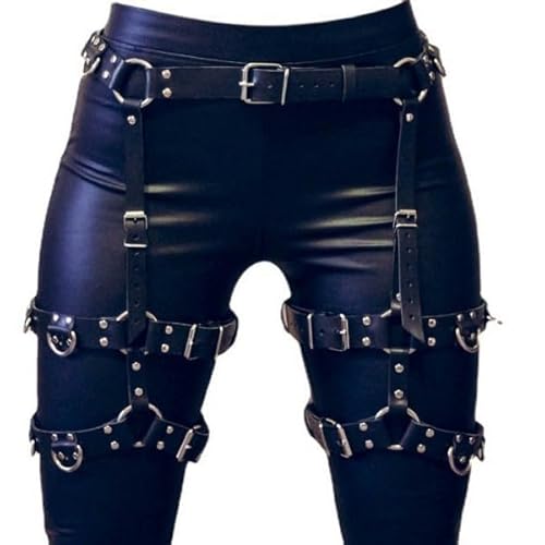 Damen Herren Punk PU Leder Thign Beinringe Straps-Strumpfbänder Riemen Körpergeschirr Taille Bauch Hüftgürtel Kostüm, Schwarz , One size von Tunbuy