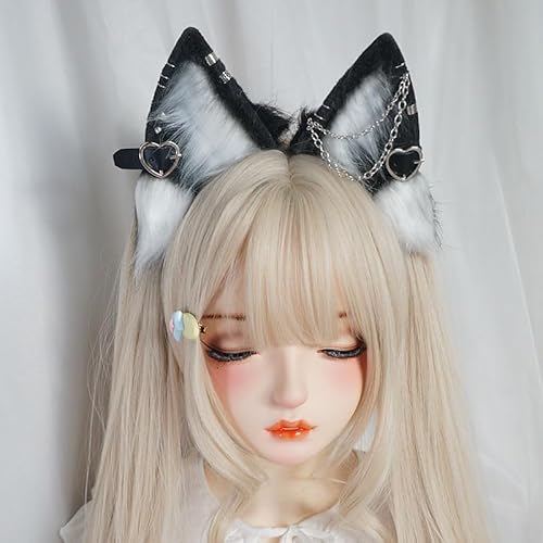 Frauen Halloween Tier Fuchs Wolf Ohren Harajuku Metall Anhänger Kopfschmuck Cosplay Kostüm Party Requisiten Katze Stirnband (schwarz weiß) von Tunbuy