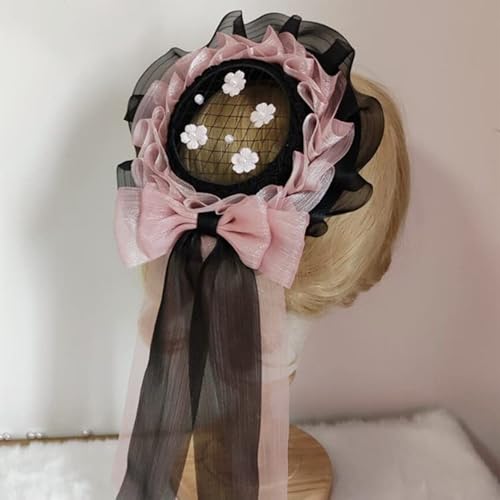Lolita Maid Soft Girl Mesh Flat Top Hat Lace Ribbon Beanie Cosplay Kostüm Bankett Kopfschmuck (Mesh) von Tunbuy