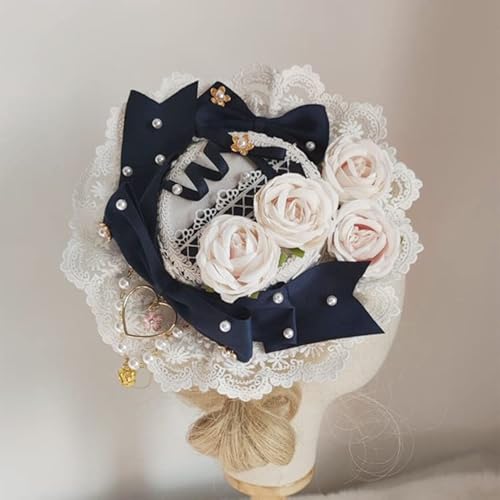 Lolita Maid Weiche Mädchen Blumen Teetasse Party Zylinder Rock Cosplay Kostüm Spitze Kopfschmuck Haarspangen (Marineblau) von Tunbuy