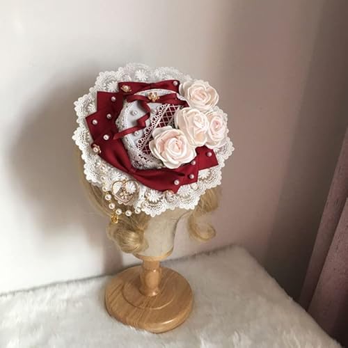 Lolita Maid Weiche Mädchen Blumen Teetasse Party Zylinder Rock Cosplay Kostüm Spitze Kopfschmuck Haarspangen (rot) von Tunbuy