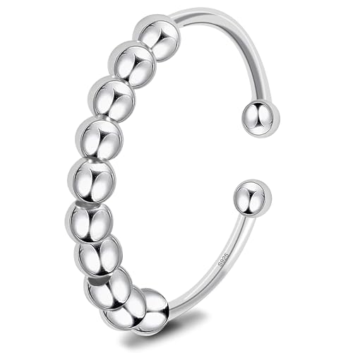 925 Sterling Silber Anxiety Ring Verstellbar Ring Damen Angstring Zappel mit Perlen Spinner Schmuck Geschenke Anti Stress für Frauen Mädchen Offener Stapelbar von Tunejoy