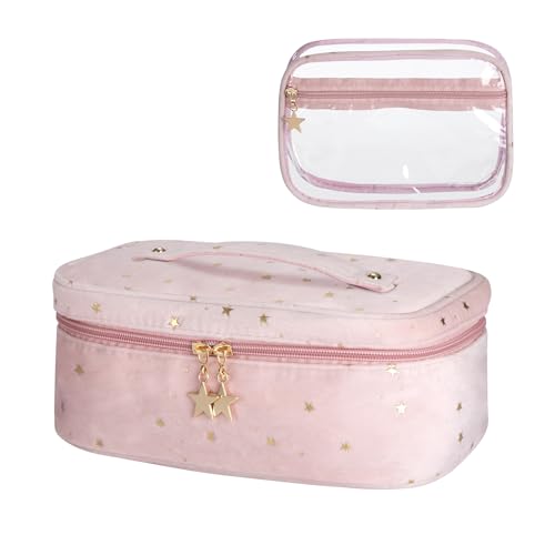 Kosmetiktasche Samt Make-up Taschen Elegante Tragbare Schminktasche Verfassungsbeutel mit Klarer Waschtasche für Damen Mädchen Reisen Camping 2er-Set Rosa von Tunejoy