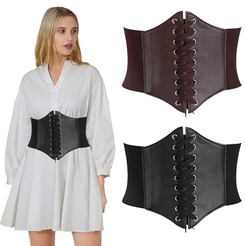 Tunejoy Damen Breiter Elastischer Taillengürtel 2 Stück Tied Waspie Gürtel Elegant Schnürkorsett Elastischen Breiten Band für Frauen Kleider Schwarz + Kaffee von Tunejoy