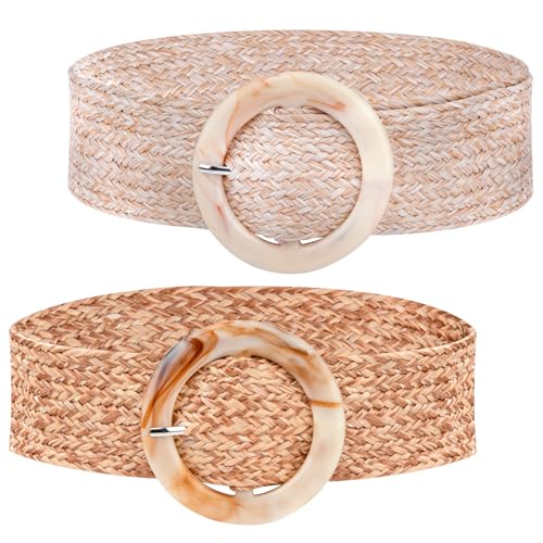 Tunejoy Damen Strohgürtel Braun Beige Taillengürtel Stroh Elastisch Schlank Kleid Breiter Geflochtene mit Schnalle Geschenke für Frauen Mädchen Dekorativen Jeans Pullover Strand 2 Stück von Tunejoy