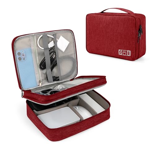 Tunejoy Kabeltaschen Elektronische Tasche Wasserdicht Elektronik Zubehör Organizer 2 Schichten Tragbar für SD-Karten Festplatte Power Bank USB Sticks 27x20x8 cm Rot von Tunejoy