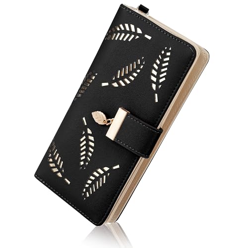Tunejoy Lange Geldbörse Damen Leder Große Kapazität Geldbeutel mit Blatt Reißverschluss Brieftasche Kartenhalter Portemonnaie mit Handyfach Schwarz von Tunejoy
